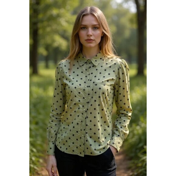 Stradivarius Womens L Green Black Polka Dot Long Puff Sleeve Blouse Button Down - Picture 1 of 8